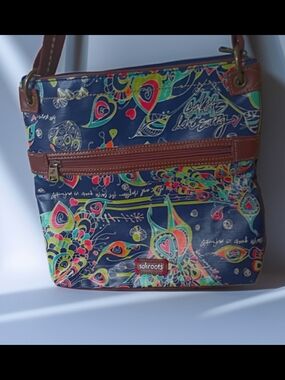 Sakroots Navy Multicolor Floral Heart Crossbody with Brown Trim